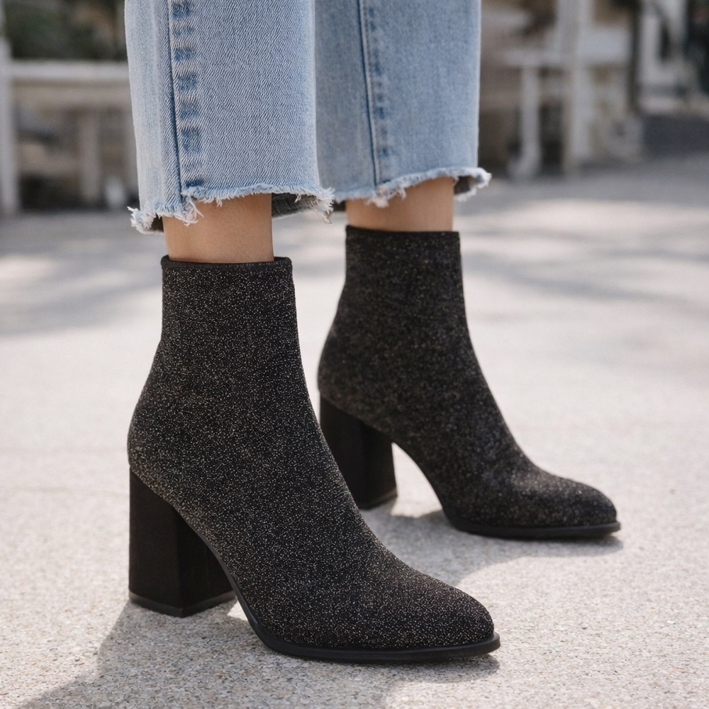 MIA Piana Black Silver Ankle Boots | Block Heel Sock Booties Sz 8